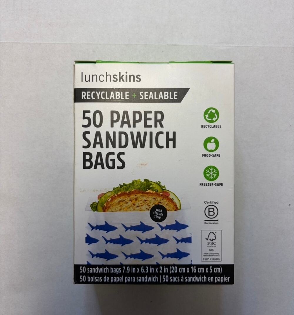 Lunchskins 50 Paper Sandwich Bags Recyclable Sealable Shark Print Plastic-Free